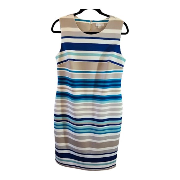CALVIN KLEIN STRIPED SCUBA SHEATH DRESS SIZE 12 BLUE TAN IVORY TEAL NWOT - Picture 1 of 7